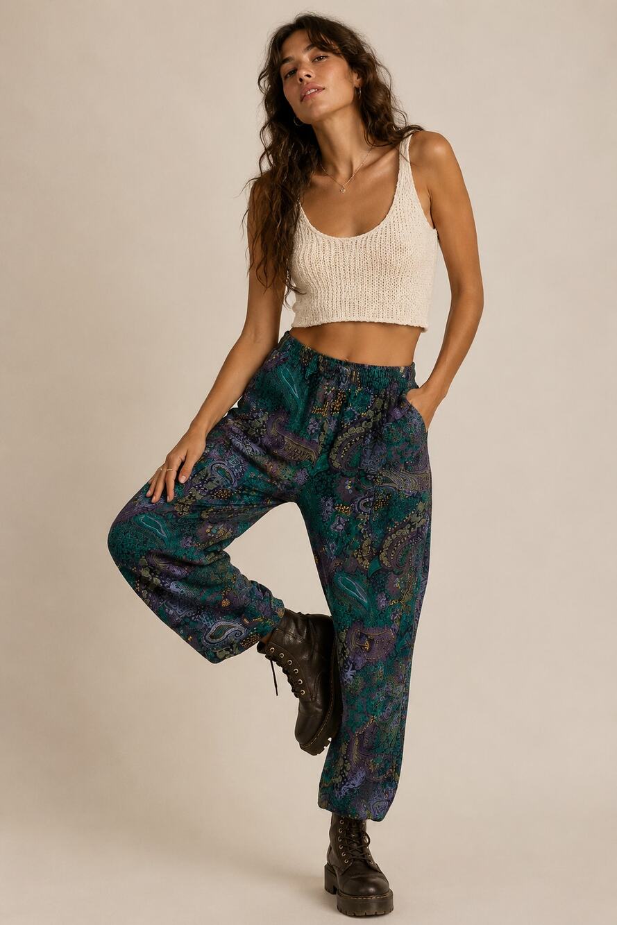Vintage 80s 90s Boom Teal Paisley Pants M Whimsigoth Boho Retro Dark Fairycore